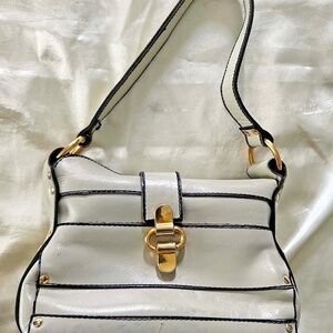 HANDBAG MADE IN ITALY, IVORY LEATHER, BLACK LEATHER TRIM, UNIQUE FOLD-OVER CLOSU